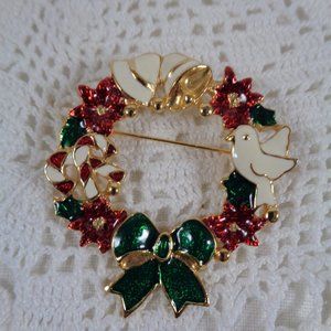 Vtg SFJ Enamel Christmas Wreath Brooch